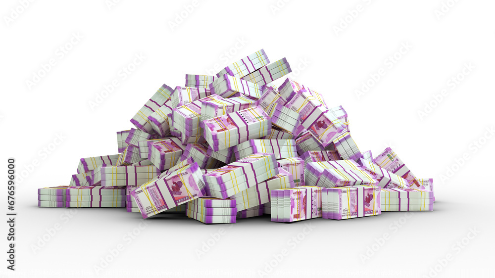 Poster big pile of bundles of 2000 indian rupee notes isolated on transparent background. 3d rendering of s