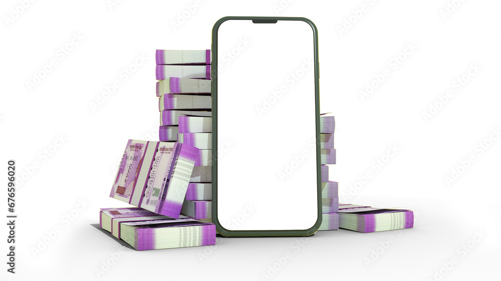 Poster 3d rendering of a mobile phone with blank screen in front of stacks of 2000 indian rupee notes isola