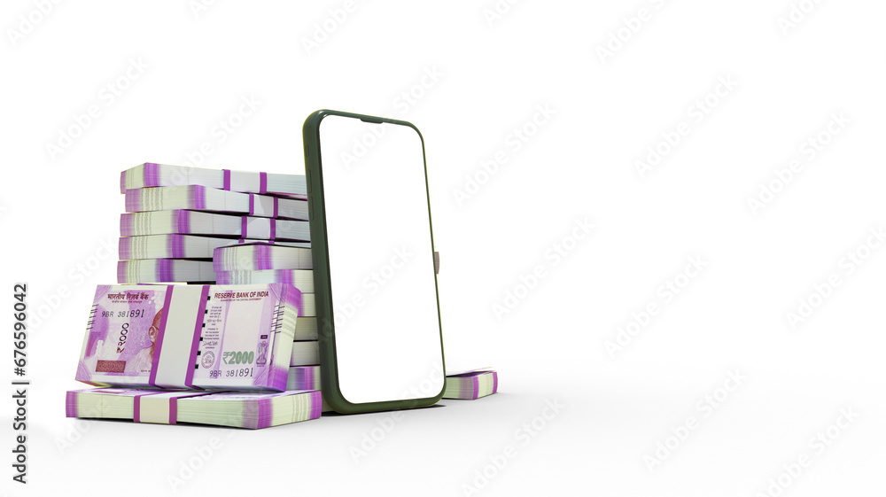 Poster 3d rendering of a mobile phone with blank screen in front of stacks of 2000 indian rupee notes isola