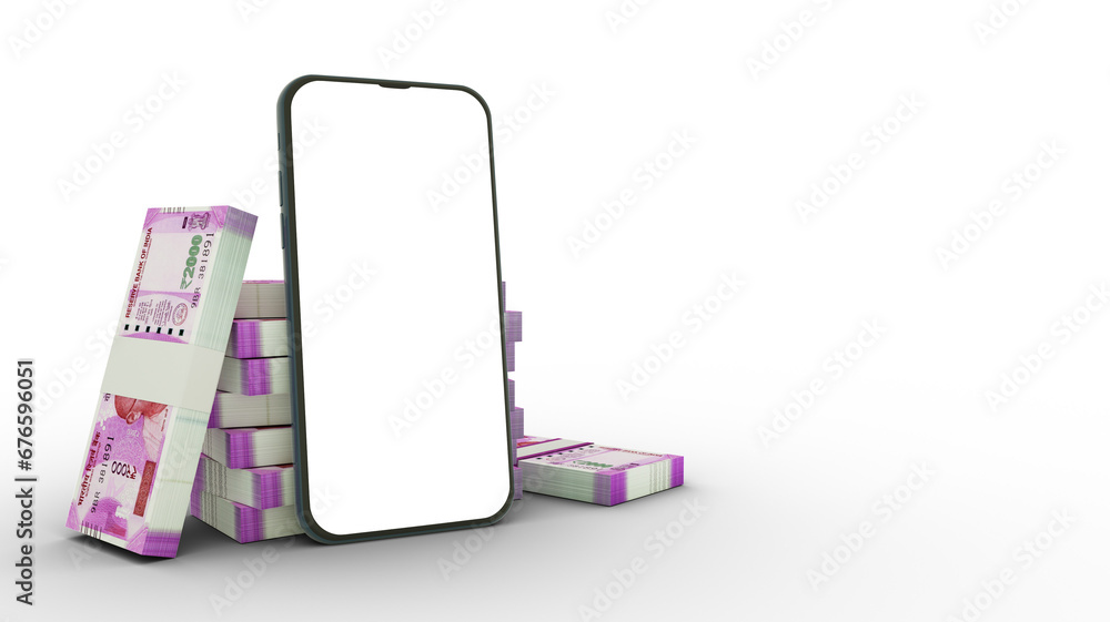 Poster 3d rendering of a mobile phone with blank screen in front of stacks of 2000 indian rupee notes isola