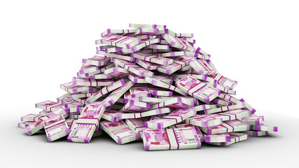 Big pile of 2000 Indian rupee notes a lot of money over transparent background. 3d rendering of bundles of cash - obrazy, fototapety, plakaty
