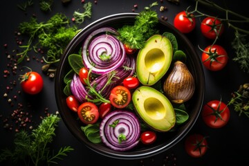 Fresh avocado salad with cherry tomatoes, cucumber, red onion, and lettuce on dark blue background