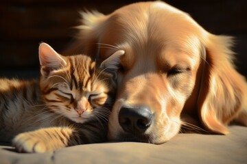 Endearing kitty and delightful puppy blissfully dozing off on a cozy bright living room couch