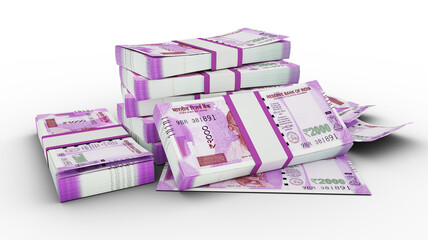 3D Stacks of 2000 Indian rupee notes isolated on transparent background