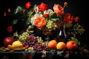 still life with fruits and flowers