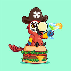 cute cartoon macaw bird mascot sit on burger and hold cocktail use pirate hat.adorable cartoon mascot illustration