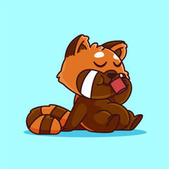 Cute cartoon red panda sitting relaxed while drinking coffee, adorable cartoon mascot illustration