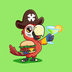 .cute cartoon macaw bird mascot hold burger and cocktail use pirate hat.adorable cartoon mascot illustration