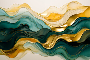Abstract gold waves with blue, aqua, teal, yellow isolated textured flowing layers. Wavy modern art texture banner graphic resource as background for stylized digital ocean golden flowing wavy waves