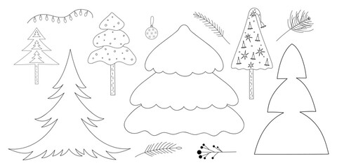 Set of different christmas trees, branches, decor. Doodle art. Design for winter templates. Creative vector illustration.
