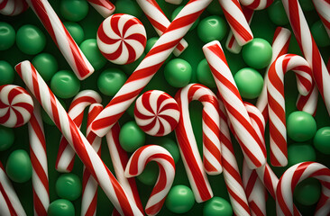 image of candy canes in white, red and green on a green background, in the style of aerial photography, bright, bold colors, minimal retouching, grocery art 