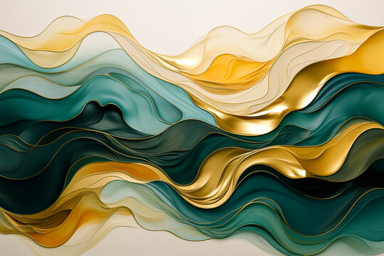 Abstract gold waves with blue, aqua, teal, yellow isolated textured flowing layers. Wavy modern art texture banner graphic resource as background for stylized digital ocean golden flowing wavy waves