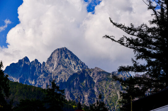 High Tatras mountains scenery with Gerlachovsky stit, Koncista, part of Satansky hreben ridge and few other peaks in Slovakia during beautiful autumn day with clear sky
