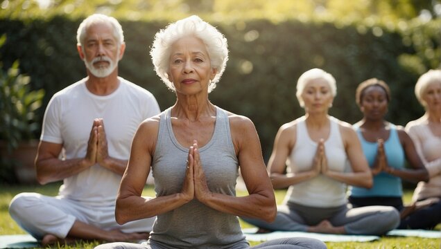 Serene Yoga Session: Focused Biracial Senior Woman in Sunny Garden