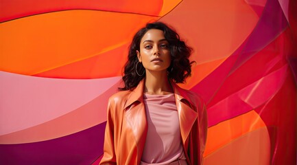 Young female model in colorful clothes, light fabrics, monochrome background of oranges and reds.