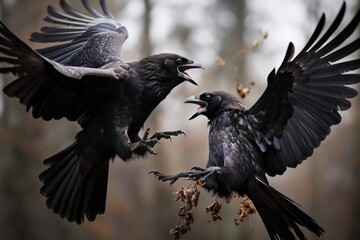 Common Raven Interaction Fight between two black Ravens