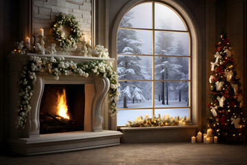 Fototapeta na wymiar Beautiful cozy interior room with fireplace, stone floor, decorated Christmas tree and large window through which you can see the snowy forest landscape. Generative AI