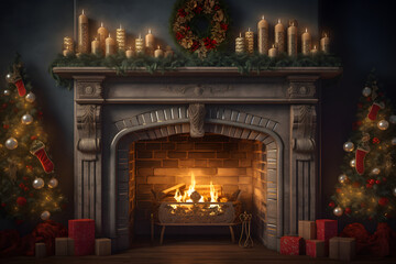 Cosy living room interior with fireplace and decorated Christmas tree. Christmas present box, gifts and cozy lit candles