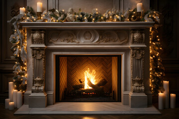Fireplace with Christmas decorations and lit candles. Generative AI