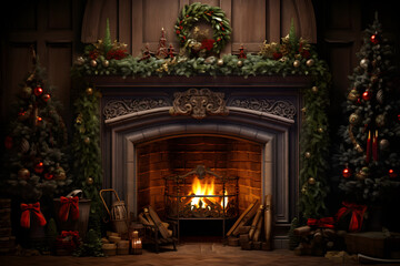 Fototapeta na wymiar Cosy Christmas concept: fireplace, decorated Christmas tree, gifts and firewood. Generative AI