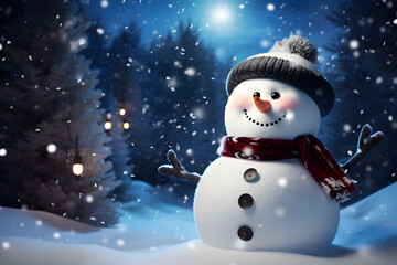 Happy snowman with hat and red scarf, snowfall in forest. Merry Christmas and New Year celebration concept created using Generative AI