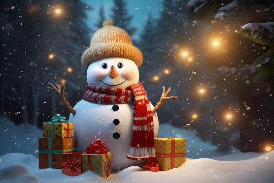 Happy snowman with red gift box, hat and scarf. Generative AI image for Merry Christmas and Happy New Year celebration concept