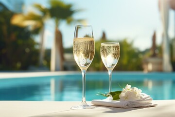 a glass of champagne near a pool, representing a relaxing summer vacation. Generative AI