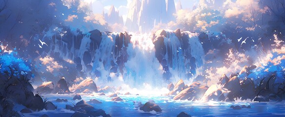 A mesmerizing, frozen waterfall with icicles that catch and reflect the sunlight, cartoon style art, animation wallpaper. generative AI - obrazy, fototapety, plakaty