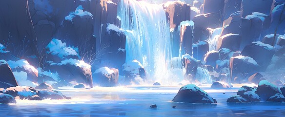 A mesmerizing, frozen waterfall with icicles that catch and reflect the sunlight, cartoon style art, animation wallpaper. generative AI - obrazy, fototapety, plakaty