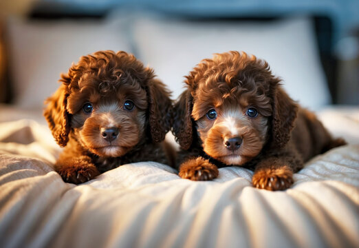 Two cute dark brown poodle puppies, cuddled on the soft bed.