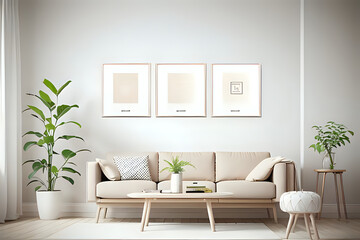 Three blank vertical photo frame mock up in scandinavian style living room interior, modern living room interior background, minimalist decorations and cozy sofa in beige style composition