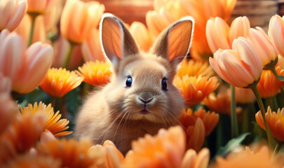 Adorable bunny peeking through vibrant orange tulips, a charming sign of spring.
