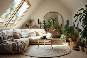 Well-lit Nordic room with carpet, comfy couch, mirror, plants by window. Generative AI