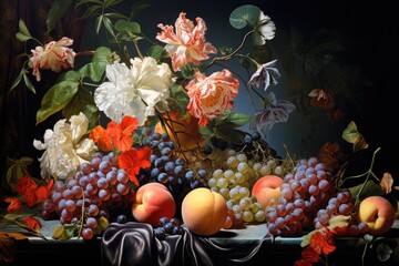 still life with fruits and flowers - obrazy, fototapety, plakaty