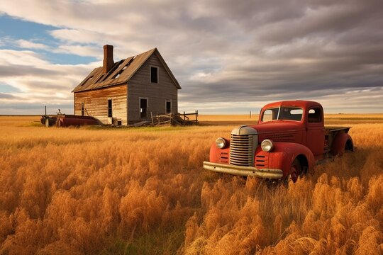 Old red barn and deserted truck in a prairie farmyard in Saskatchewan. Generative AI