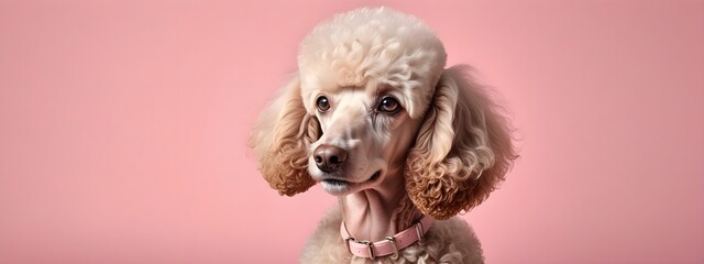 Studio portraits of a funny Poodle dog on a plain and colored background. Creative animal concept,...
