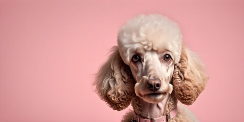 Studio portraits of a funny Poodle dog on a plain and colored background. Creative animal concept, dog on a uniform background for design and advertising.