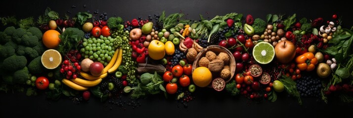 Vibrant fruits and vegetables on dark background, top view flat lay, healthy food selection - obrazy, fototapety, plakaty
