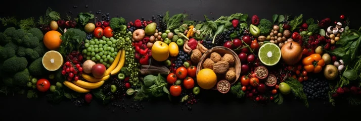 Fotobehang Vibrant fruits and vegetables on dark background, top view flat lay, healthy food selection © Ilja