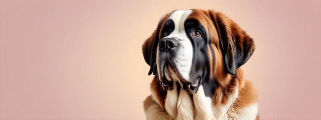 Studio portraits of a funny Saint Bernard dog on a plain and colored background. Creative animal concept, dog on a uniform background for design and advertising.