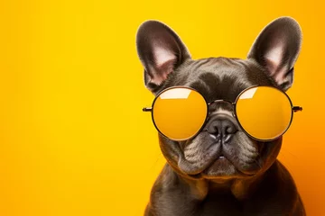 Tuinposter playful dog in vibrant outfit and sunglasses dancing on bright background   travel concept © Ilja