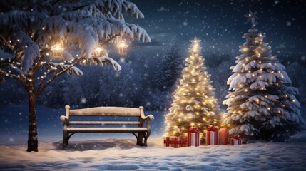 Christmas card scenery with benches and a Christmas tree. Generative AI