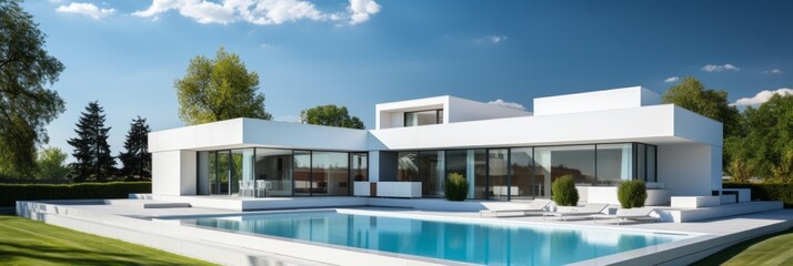Stylish and modern white house with a refreshing pool, ideally located by the inviting ocean - obrazy, fototapety, plakaty