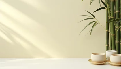 Selbstklebende Fototapeten Asian tea set with two white cups, teapot, bamboo mat, and dry green tea on white background © Ilja