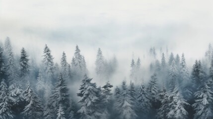 View from above of winter fir tree foggy forest with snow background.