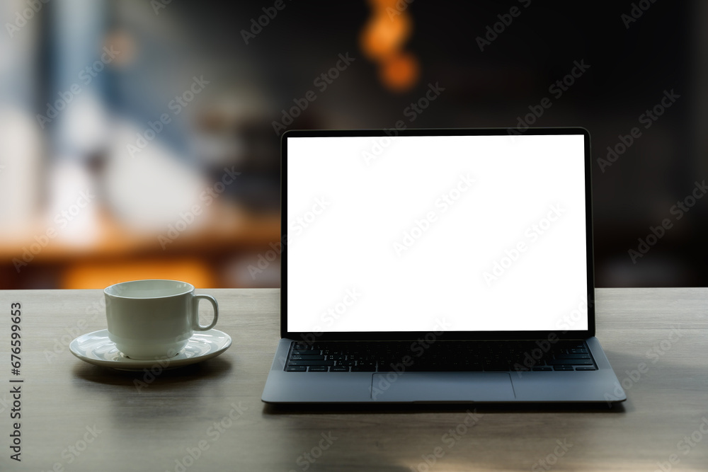 Poster laptop mockup with blank screen on table. workspace background new project on laptop computer with b