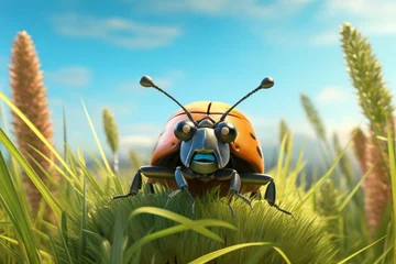 Foto op Plexiglas Cute Colorful and happy little woodland dor beetle on grass © Moonpie