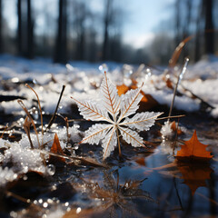 Frozen leaf in the forest during winter; Fallen leaves from trees
