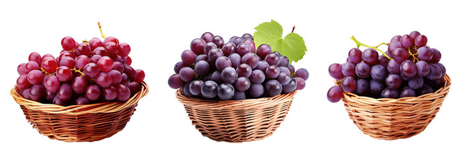 Three whicker baskets full of grapes over isolated transparent background