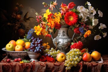 still life with fruits and flowers